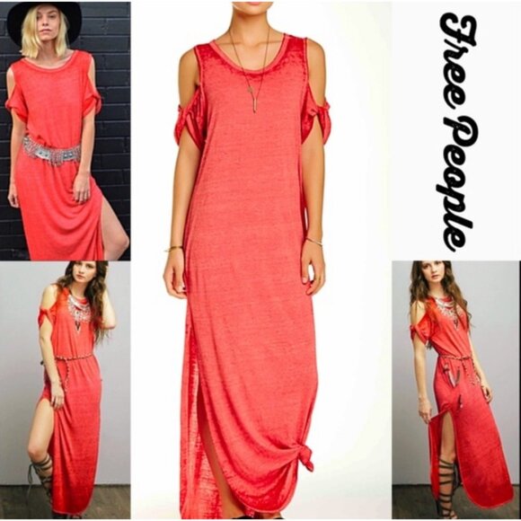 NWT Free People Casual Cold Shoulder Side Slits Relaxed Boho Jersey Maxi Dress - Picture 14 of 16